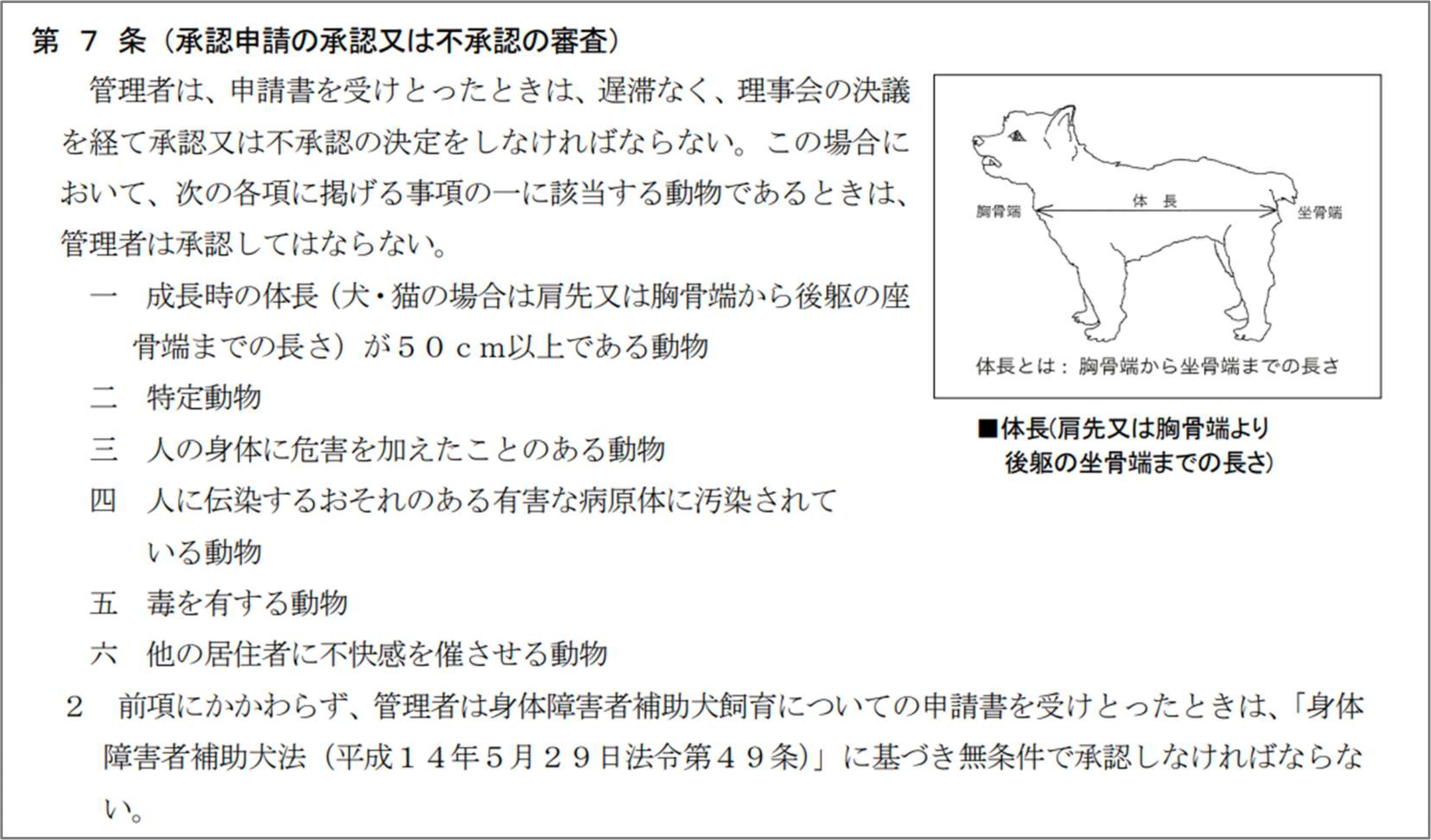 体長の測り方（胸骨端より後躯の坐骨端までの長さ）